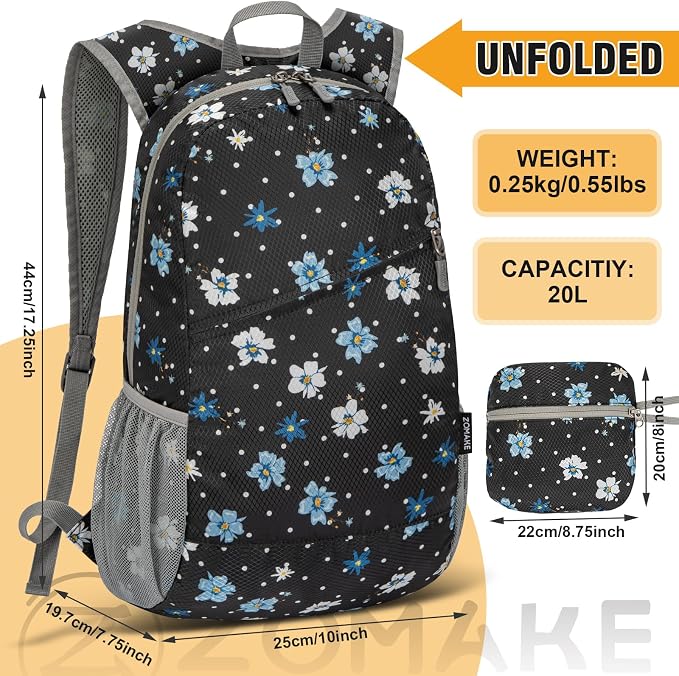 ZOMAKE Lightweight Packable Backpack 20L, Foldable Small Daypack for Hiking | Water Resistant Backpacks Day Bag for Travel Outdoor Camping Sport, Everyday Carry(Black, White Polka Dot Floral)