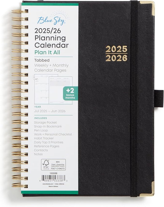 Blue Sky 2025-2026 Weekly and Monthly Academic Year Planner Calendar, July 2025 - June 2026, 5" x 8", Faux Leather Cover, Wirebound, Storage Pocket, Laminated Tabs, Black