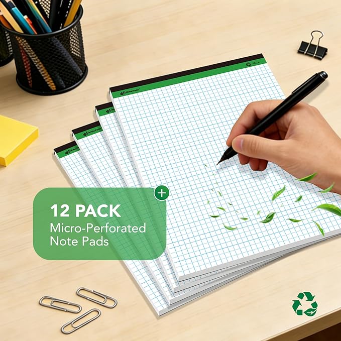 KAISA Graph Paper Legal Pads Writing Pads 6 pad 300 Sheets Recycled Paper 8.5"x11.75" Quad Ruled 4x4 Perforated 50sheets/pad Grid Paper Notepads Writing Tablet White For Office Supplies (White 6pad, 8.5x11.75'')