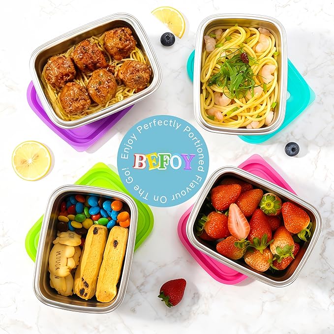 BEFOY Stainless Steel Snack Containers with Clear Silicone Lids for Kids/Adult Leak Proof Stackable Metal Lunch Box for Kitchen Storage, Meal Prep Easy Open & BPA-Free Stackable Box for Daycare