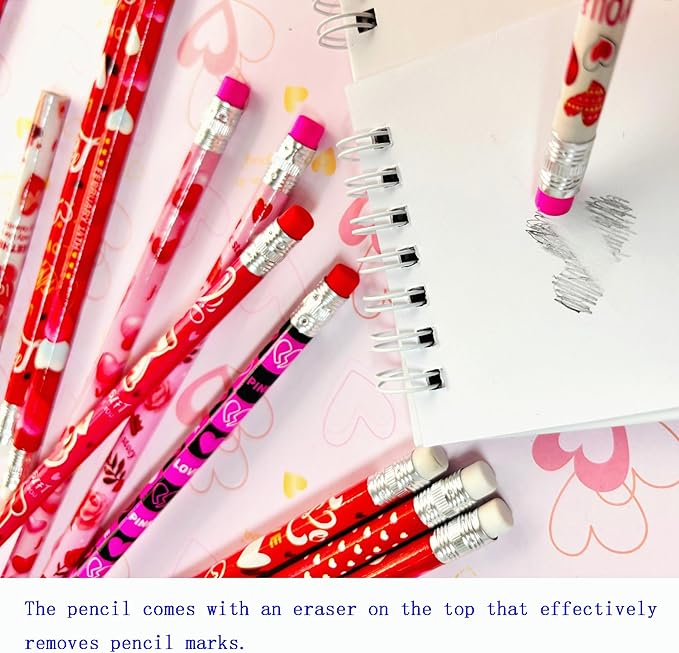 72PCS Valentine Wooden cased Pencils for Kids with Erasers, Wood Wedding Golf Pencils for School,Drawing,Gift (72PCS, Valentine's Day)