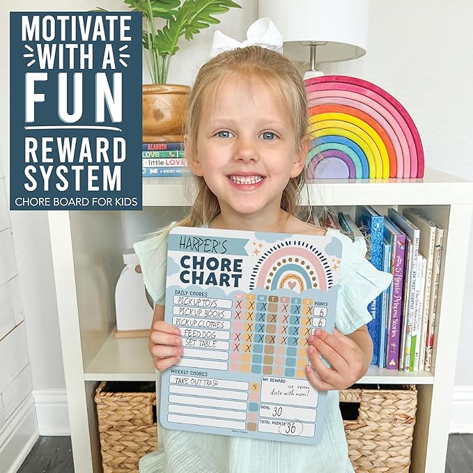 Hadley Designs Magnetic Chore Chart for Kids – Reward Chart for Kids, Dry Erase Responsibility Board for Children at Home, Fridge Behavior Tracker for Daily & Weekly Tasks, Boho Toddler Chore Board