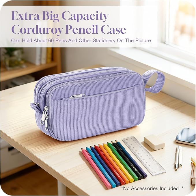 TESAFNG Corduroy Pencil Case, Large Capacity Pencil Pouch with 4 Compartments, Cute Soft Aesthetic Stationery Pen Bag Organizer with Zipper, Portable School Supplies for Teen and Adult Girls, Purple