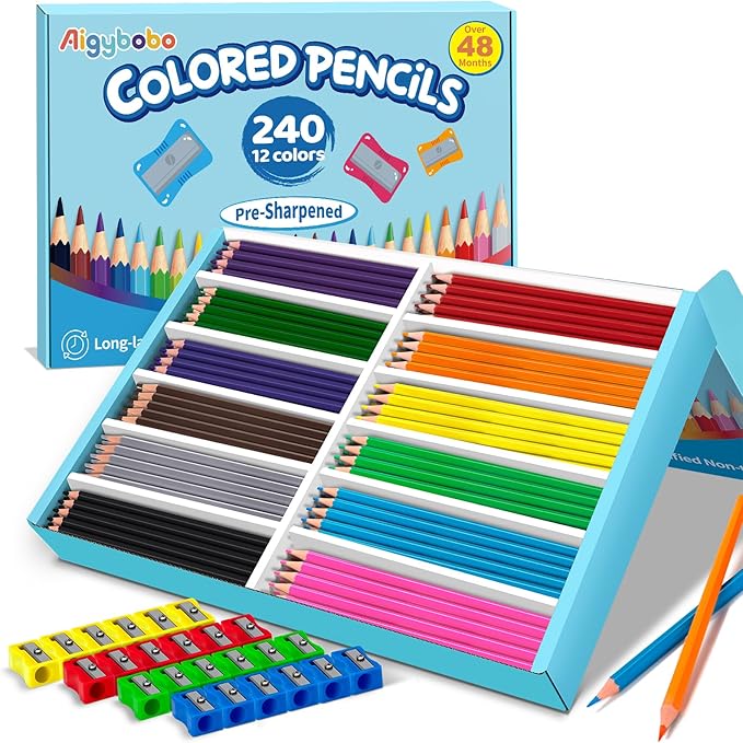 240 Count Colored Pencils Bulk for Classroom, Color Pencils for Kids in 12 Vibrant Colors, Pre-sharpened Coloring Pencils Set Plus 24 Sharpeners, Bulk Pack Colored Pencils for Back to School Supplies