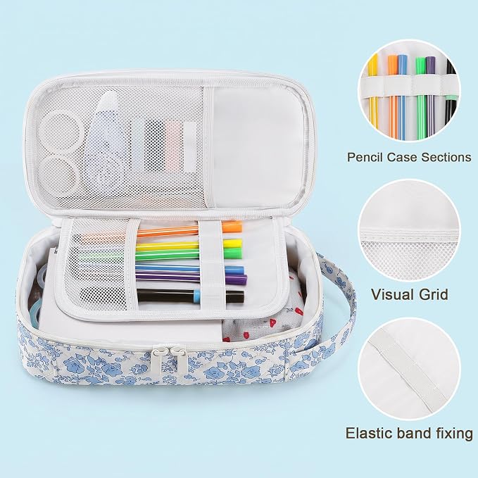Cute Floral Quilted Pencil Case for Girls, Large Aesthetic Pen Pouch with Handle, Multi Compartment Stationery Organizer, Portable Travel Cosmetic Makeup Bag Back to School