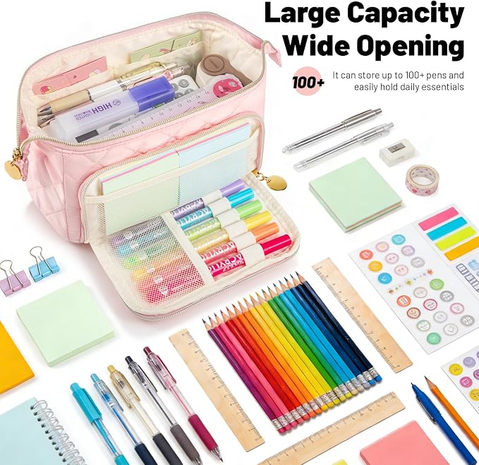 Cute Pencil Case for Girls kids Soft Quilted Pencil Pouch Bag Organizer | Wide Opening Big Marker Crayon Storage Bag Large Double Zipper Art Aesthetic Pen Bag Case Pouch For Kids School College Boys