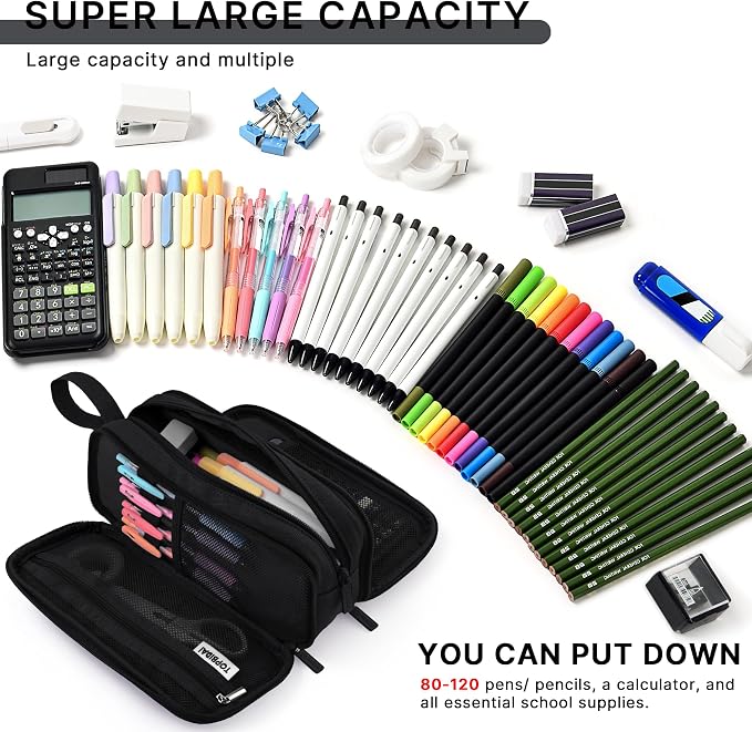 TOPBIDAI Large Pencil Case Pouch for Girls Boy Women Men Adults | Big Capacity Canvas Pencil Bag, Office School Supplies, Multi Compartment Zipper Stationery Pen Box (Coal Black)