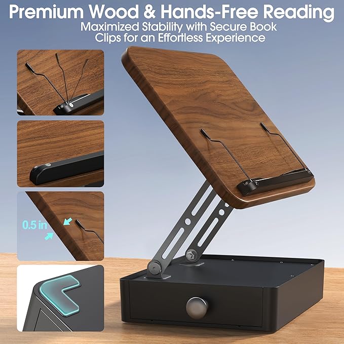 Book Stand with Storage Drawer, Adjustable Wooden Reading Stand for Desk, Ergonomic Height & Angle Book Holder for Textbooks, Cookbooks, Art Sketching (Walnut Finish, 10.5" x 15.5" XL Panel)
