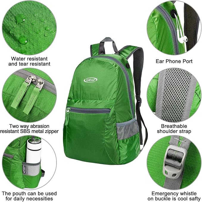 G4Free 20L Small Packable Travel Hiking Backpack for Men Women | Lightweight Foldable Waterproof Daypack for Outdoor, Green