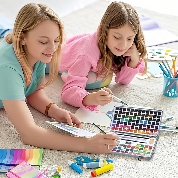 128 Colors Watercolor Paint Set, Including 84 Regular, 36 Metallic, and 8 Fluorescent Colors，Travel Watercolor Set with Brush and Drawing Pencil, Water Color Paint Sets for Adults Artists Beginners