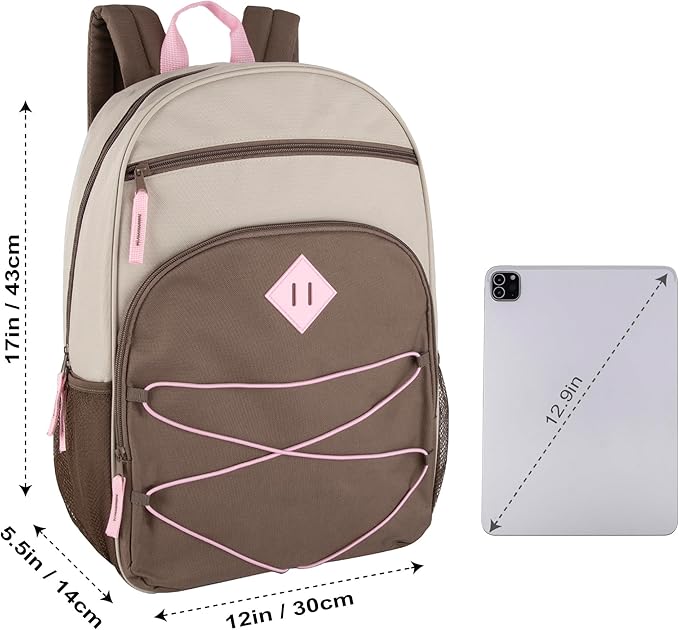 Summit Ridge Boys and Girls School Backpacks with Bungee Cord Front | 17” Multi Pocket Backpack for Kids, Teens, Adults, Travel (Khaki/Brown)