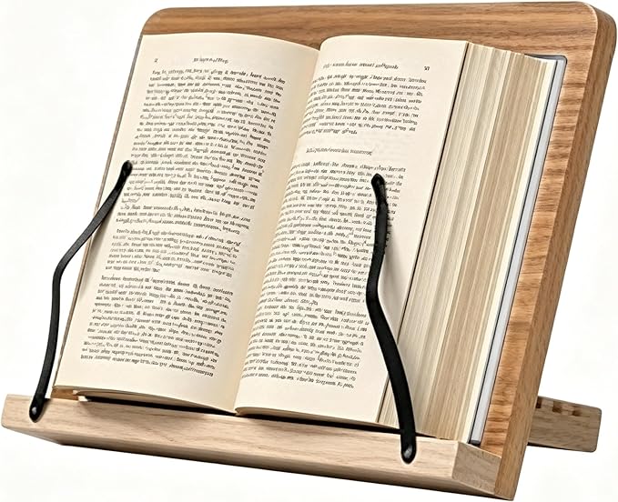Wood Book Stand for Reading Hands Free, 8 Adjustable Recipe Cookbook Holder with Page Holder Clips Ergonomic Stand for Cookbooks, Receipe Books, Textbooks, Tablets, Music Books, Documents.