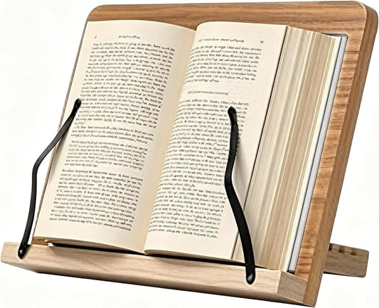 Wood Book Stand for Reading Hands Free, 8 Adjustable Recipe Cookbook Holder with Page Holder Clips Ergonomic Stand for Cookbooks, Receipe Books, Textbooks, Tablets, Music Books, Documents.