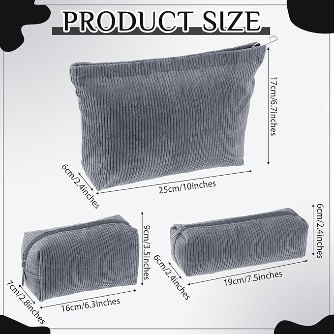 Huhumy 3 Pcs Makeup Bag Set for Women Corduroy Cosmetic Pouch Aesthetic Smile Travel Toiletry Bag Cute Purse Pouch Pencil Case Makeup Brushes Storage Organizer with Zipper(Gray,Solid Style)