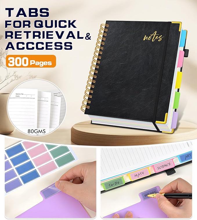 5 Subject Spiral Notebook Journal with Removable Dividers Tabs, 300 Pages Organizer Notebooks for Work School, 8"x10" Hardcover Leather Notebook College Ruled, Large Lined Journal for Women Men,Black