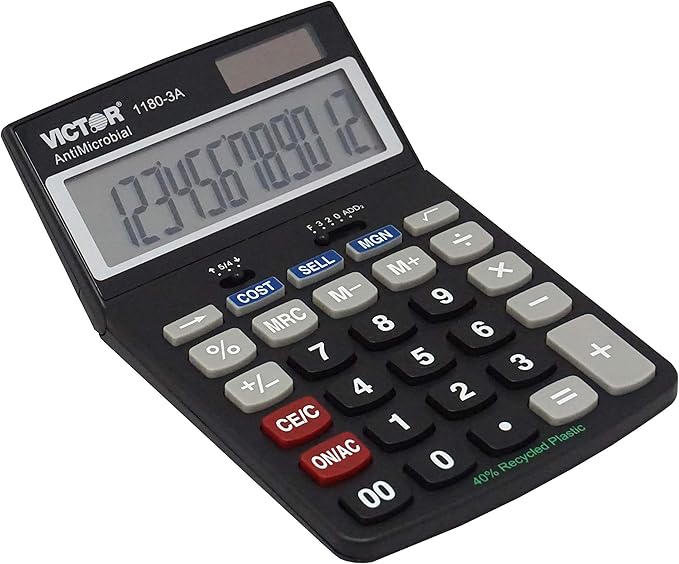 Victor 1180-3A 12-Digit Standard Function Calculator, Battery and Solar Hybrid Powered Adjustable Angle LCD Display, Great For Home and Office Desks, Black
