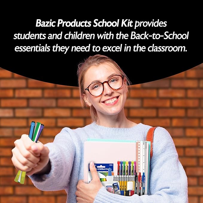 BAZIC PRODUCTS School Supplies Kit – 66 Piece Set for K–12 Students, Stationery Essentials with Colored Pencils, Markers, Pencils, Glue, Erasers, Highlighters, & Correction Tape, 1-Pack