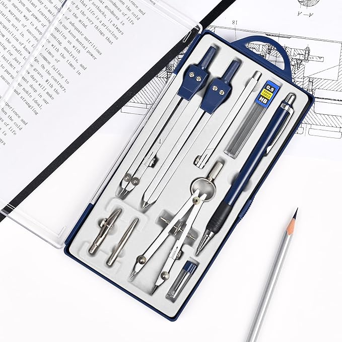 Unjoo 9Pcs Precision Geometry Set Metal Compass, Geometry Tool Tool Set with Shatterproof Storage Box, Circle Drafting Tool and Architecture, Drafting Kits for Engineers Students(Blue)