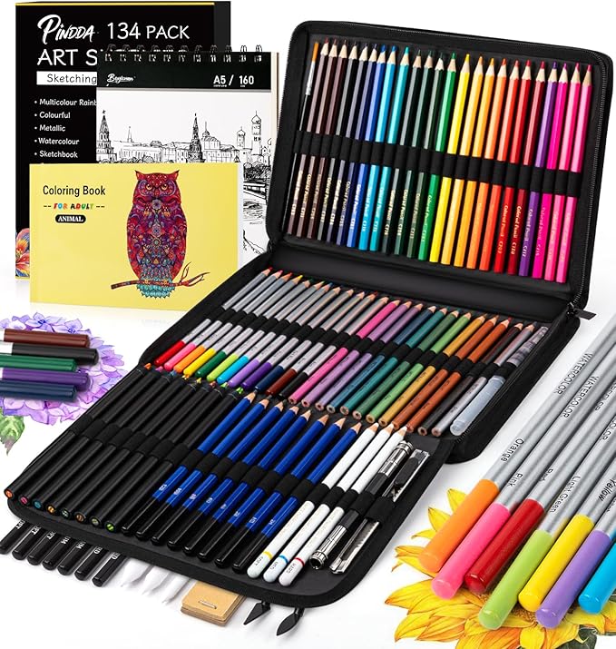 134PCS Art Supplies Sketching Kit, Drawing Set with Rainbow, Colored, Graphite, Watercolor, Metallic, Charcoal Pencils, Art Kits Drawing Pencil Set Gifts for Artists Adults Teens Girls Boys