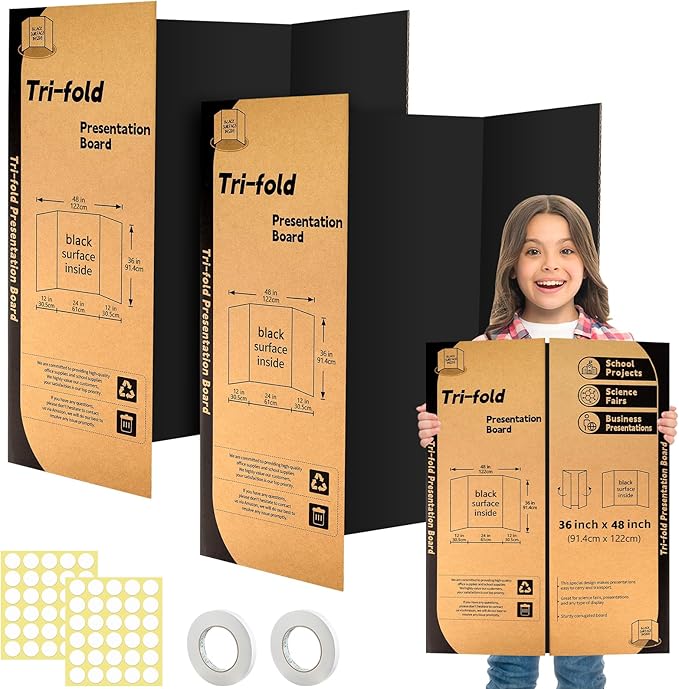 2 Pack Trifold Poster Board 48" X 36", IKAYAS Black Poster Boards, Science Fair Display Boards Posterboard for Mounting, Prints,Art,Display,Projects Classroom Supplies