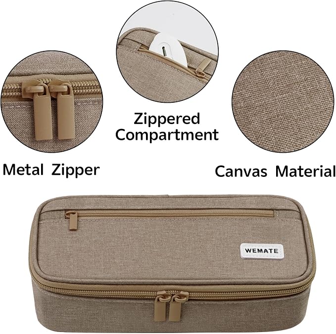 WEMATE Pencil Case, Large Capacity Pencil Pouch, Big Storage Organizer | for Stationery, Zipper Pen Bag, Travel Pen Box, Office Organizer Makeup Bag for Men Women Brown
