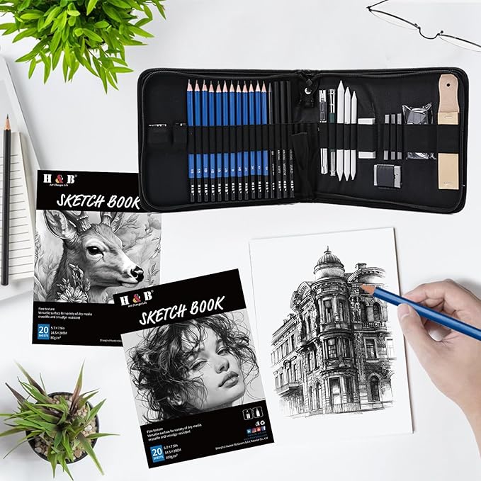 H & B 36 Pack Drawing Set Sketch Kit,Sketching Supplies with 2 sketch pad, Graphite Pencils, Charcoal Sticks, Eraser, Pro Art Drawing Kit for Artists Beginner Adults, Ideal for Shading, Blending