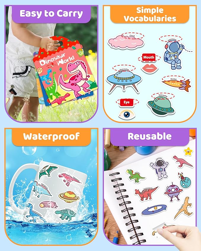Benresive Reusable Sticker Book for Toddlers, Stickers for Kids, Travel Toys for Arts & Crafts Activities, Birthday Gift for Boys & Girls, Dinosaurs, Space and Body Themes