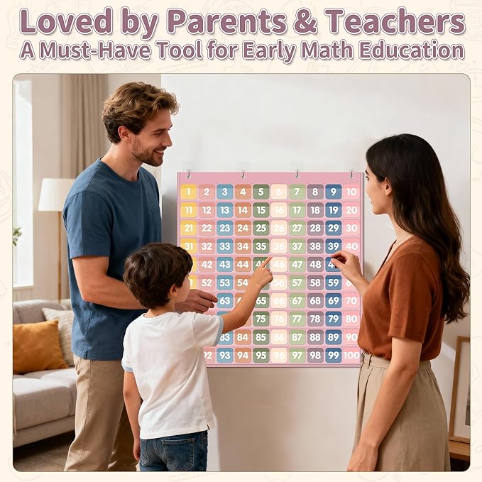 Yoink 100 Pockets Number Chart with 120 Double-Sided Number Cards, Boho Hundred Pocket Chart for Classroom Homeschool Teachers Kids Learning, Pink