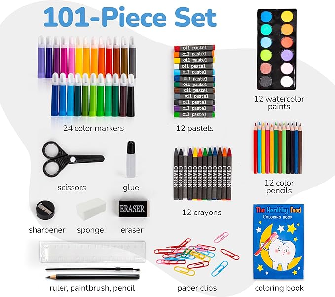 ArtCreativity Art Supplies Kit for Kids (101-PCS) – Crayons, Markers, Pencils, Watercolors & Coloring Book – Beginner Art Set & Creative Gift for Boys & Girls