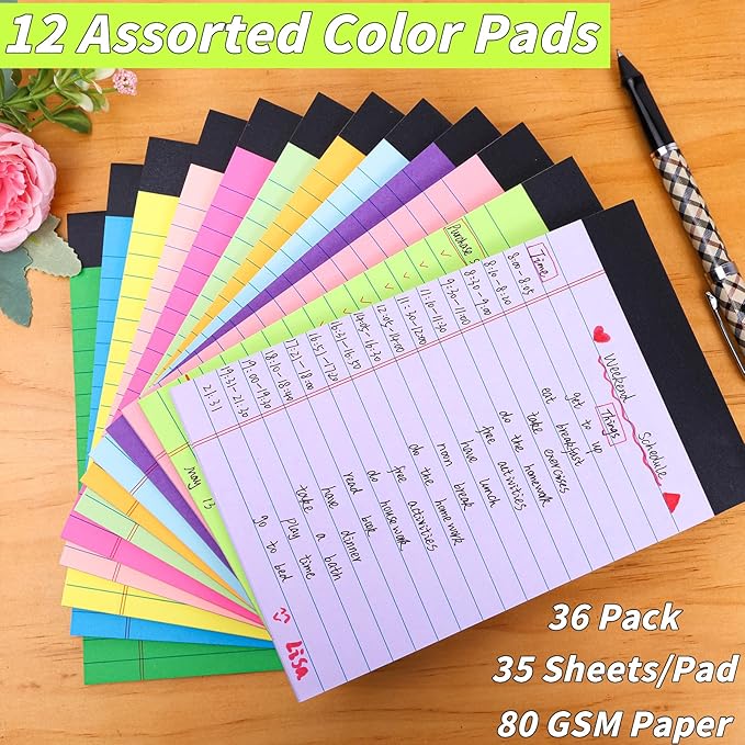 Oleitodh 36 Pack Legal Pads Bulk 12 Colors, Wide Ruled Notepad 5x8, Multicolor Small Notepads 30 Sheet/notepad, Colored Mini Writing Pads with Sturdy Backboard, Perforated Lined Note Pads for Study