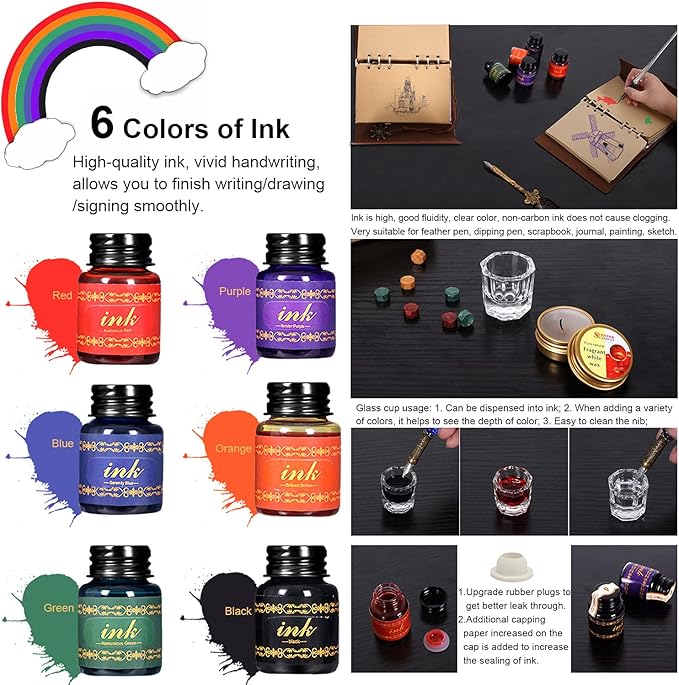 Vintage Pheasant Quill Pen Ink Set,Feather Dip Pen Set with Classic Spiral Bound Leather Notebook,Beginners Glass Dip Pen Wood Calligraphy Pen Craft Decoration Pen,Best Gift Kit for Writing,Drawing