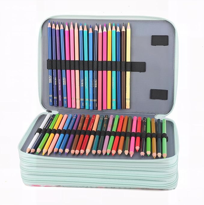 Vomgomfom 200 Slots Pencil Bag, 4-Layer Zipper Portable Art Supply Organizer, PU Leather Large Capacity Colored Pencil Case with Handle for 200 Watercolor Pens, Gel Pens (Green Rose)