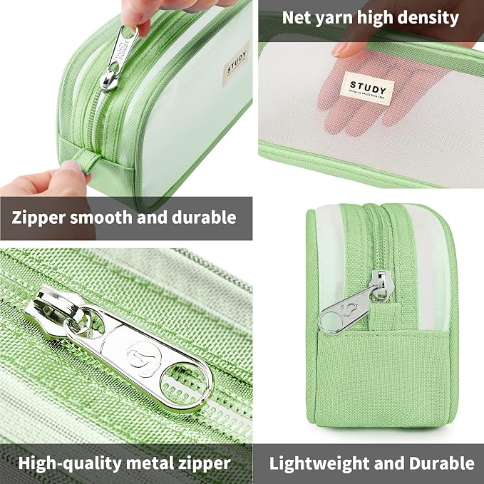 KALIDI Grid Mesh Pencil Case Pouch Large Capacity Pencil Bag with Zipper | Pencil Pouch Green Simple Stationery Bag Aesthetic Pen Bag for School Teen Girl Boy Multi-Purpose Bag for Office Men Women