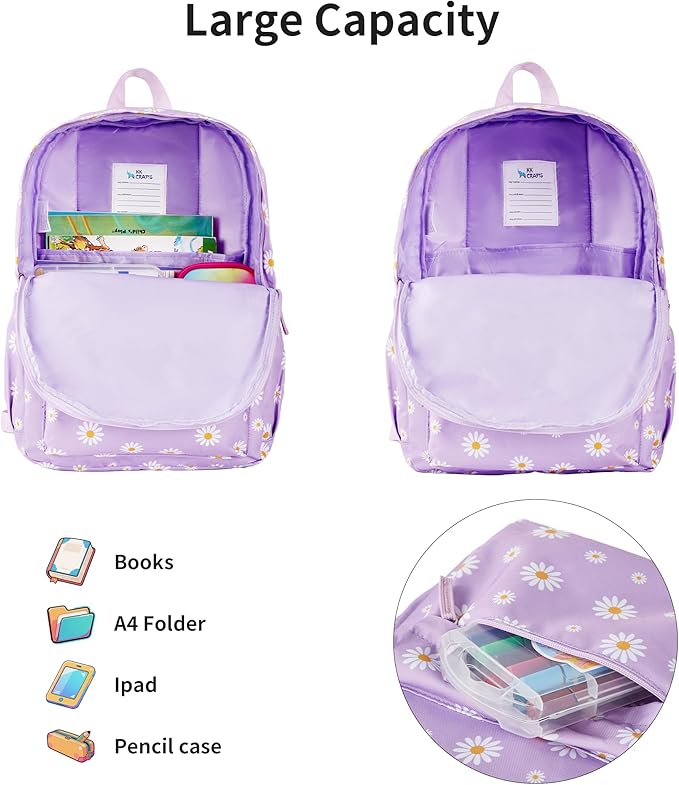 KK CRAFTS Preschool Backpack Kindergarten Little Kids Toddler Elementary School Backpacks for Boys and Girls with Chest Strap(17Inch, Daisy-Purple)