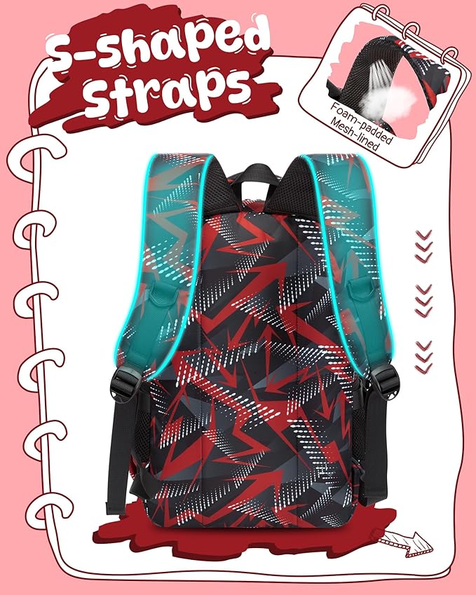 BLUEFAIRY Kids School Backpack for Boys Girls Ages 6-8 8-10 10-12 Elementary Middle School Book Bags with Laptop Compartment Mochilas Escolares para Niños Niñas de 8 10 12 Años (Red, Geometric)