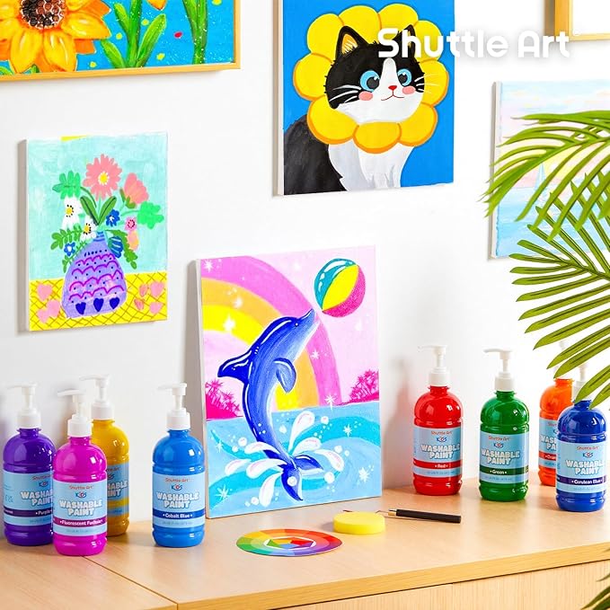 Shuttle Art 14 Colors Washable Paint for Kids, 16 oz Bulk Tempera Paint with Pump, Non-Toxic Kids Washable Paint for Art and Crafts, Home & School Must Haves