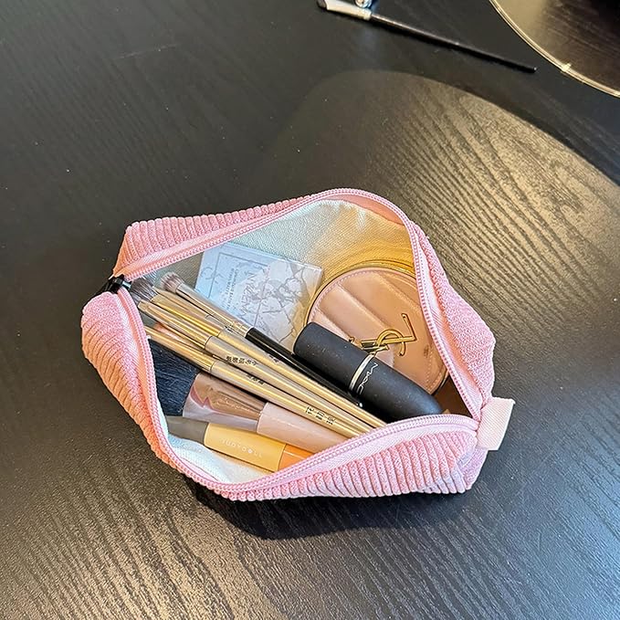 Corduroy Pencil Case for Girls Kids Large Capacity Aesthetic Pen Pouch Makeup Bag Cosmetic Organizer Cute Stationery Storage Bag for School Office Travel Minimalist Pencil Box (Pink)