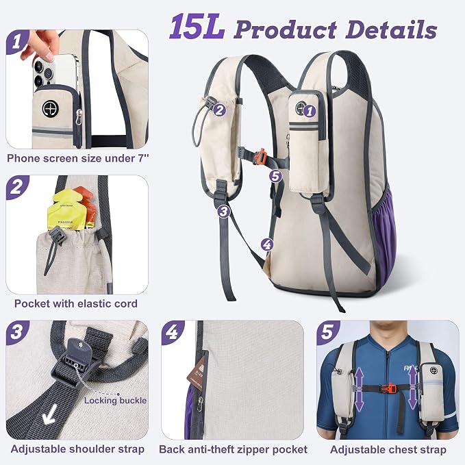 BECOJADDE 15L Small Hiking Backpack for Men Women Foldable Packable Back Pack Ultralight Hiking Daypack for Travel Camping Outdoor, Beige Purple