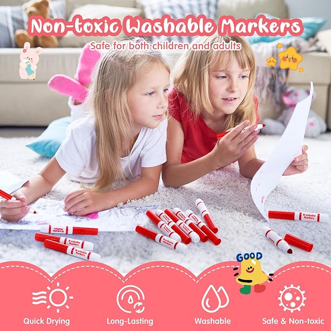 30 Pcs Mini Washable Markers Bulk Broad Line Conical Tip Washable Mark Pen Set Short Coloring Paint Pen for Kid Art Projects Teacher Student Toddler Party Favors Classroom, Ages 6+(Red)
