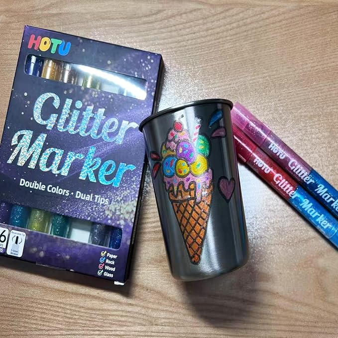 HOTU Glitter Markers Pens, 16 Colors Glitter Acrylic Paint Pens, Sparkly Metallic Dual-Tone Reversible Smooth Tips Shimmer Marker 8 Count for Coloring, Rock Painting, Wood, Fabric, DIY Craft
