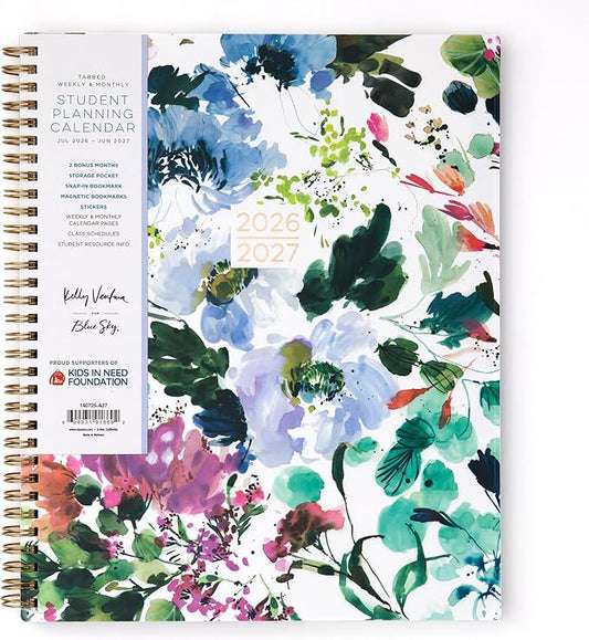 Blue Sky Kelly Ventura 2026-2027 Weekly and Monthly Academic Year Student Planning Calendar, July 2026 - June 2027, 8.5" x 11", Flexible Cover, Wirebound, Laminated Tabs, Storage Pocket, Magnetic & Snap In Book Marks, Includes Stickers, Blooming
