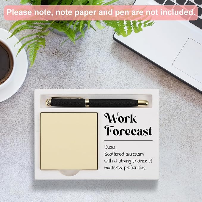 Funny Work Forecast Desk Note Holder for Coworkers Men Women, Office Organizer with Sarcastic Quote, White Wood Sticky Note Tray, Gag Gift for Boss, Employee, Admin, Colleague - FTB316