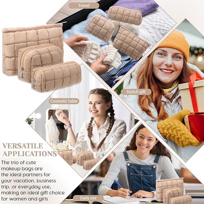 Huhumy 3 Pcs Puffy Makeup Bag Quilted Cosmetic Pouch for Women Cute Checkered Travel Toiletry Bag Puffer Makeup Organizer Purse Pouch Preppy Pencil Case with Zipper