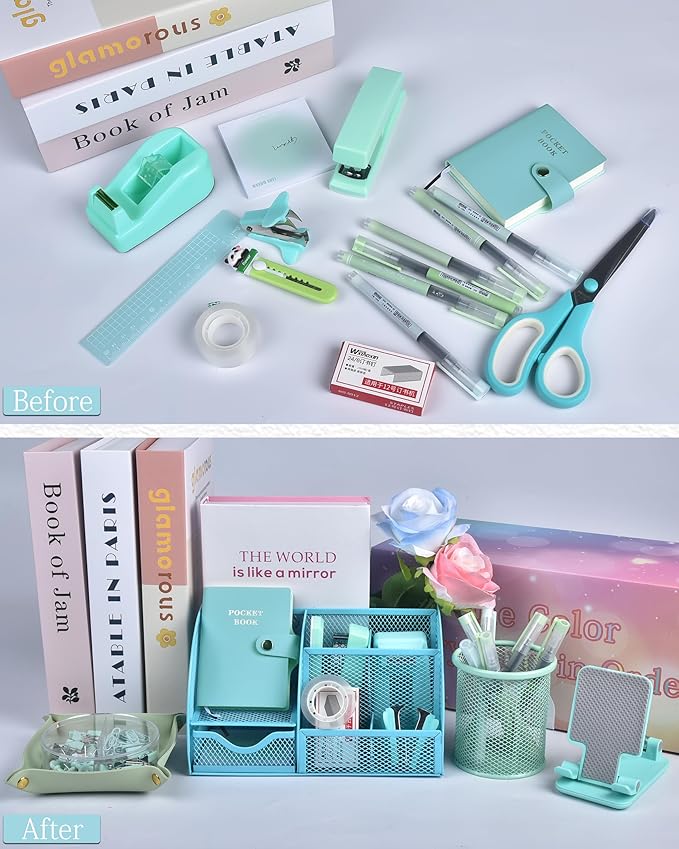 Green and Blue Desk Accessories, 26Pcs Office Supplies and Desk Organizers, with Tape Dispenser, Stapler, Staple Remover, Ect,Christmas Gifts