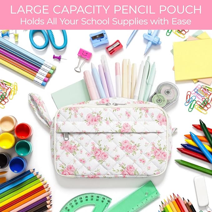 WOBAGMEN Quilted Pencil Pouch for Girls Women, Large Pencil Case Pouch with Compartments Cute Aesthetic Pencil Case Organizer, Floral Pencil Bag for School Supplies (big pink floral)