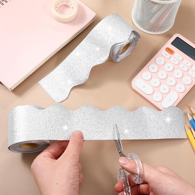 Fuyoooo 49 ft Glitter Magnetic Borders for Classroom, Silver Bulletin Board Borders Magnetic Whiteboard Classroom Strips Reusable Rolled Wall Trim for School Teacher Offices Chalkboard