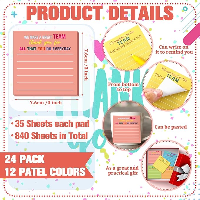 Yinder 24 Pcs Inspirational Sticky Notes Cute Motivational Sticky Notes Pad End of Year Employee Appreciation Gifts Bulk for Teacher Nurse Coworkers Office Supplies 3 x 3'' (Thank You,Light)