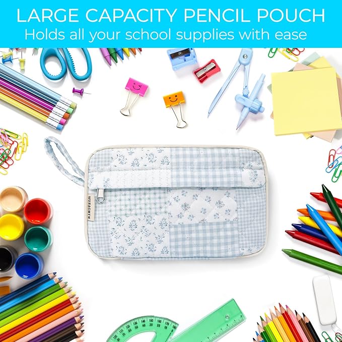 WOBAGMEN Quilted Pencil Pouch for Girls Women, Large Pencil Case Pouch with Compartments Cute Aesthetic Pencil Case Organizer, Floral Pencil Bag for School Supplies (green blue pin)