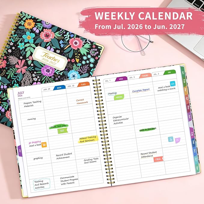 Teacher Planner 2026-2027, July 2026 to June 2027 Academic Year, 8.5" x 11" Lesson Planner Book for Teachers with Colorful Tabs, Teacher Calendar for Classroom or Homeschool, Hardcover, Black