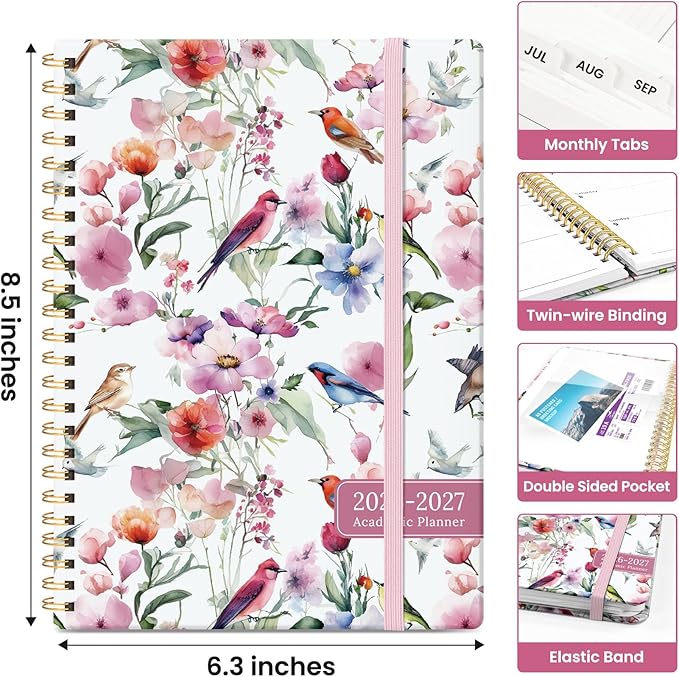 Planner 2026-2027, Academic Year Monthly and Weekly Calendar Planner, Jul 2026 - Jun 2027, Hardcover Teacher Student Planning Agenda book with Tabs, Perfect for School Office Supplies, 6.3" x 8.5" - Songbird Bloom